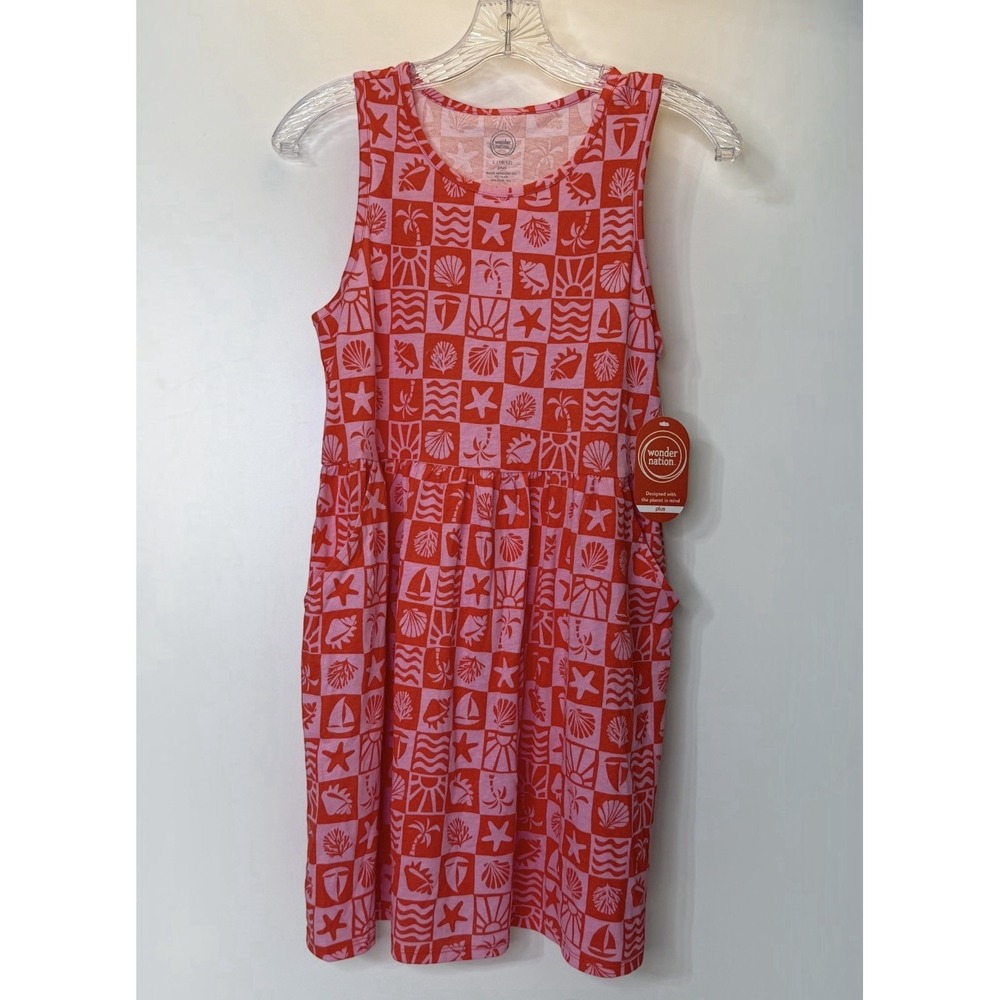 Wonder Nation Sleeveless Tank Dress Pockets Girls L 10/12 Plus Beach Shells